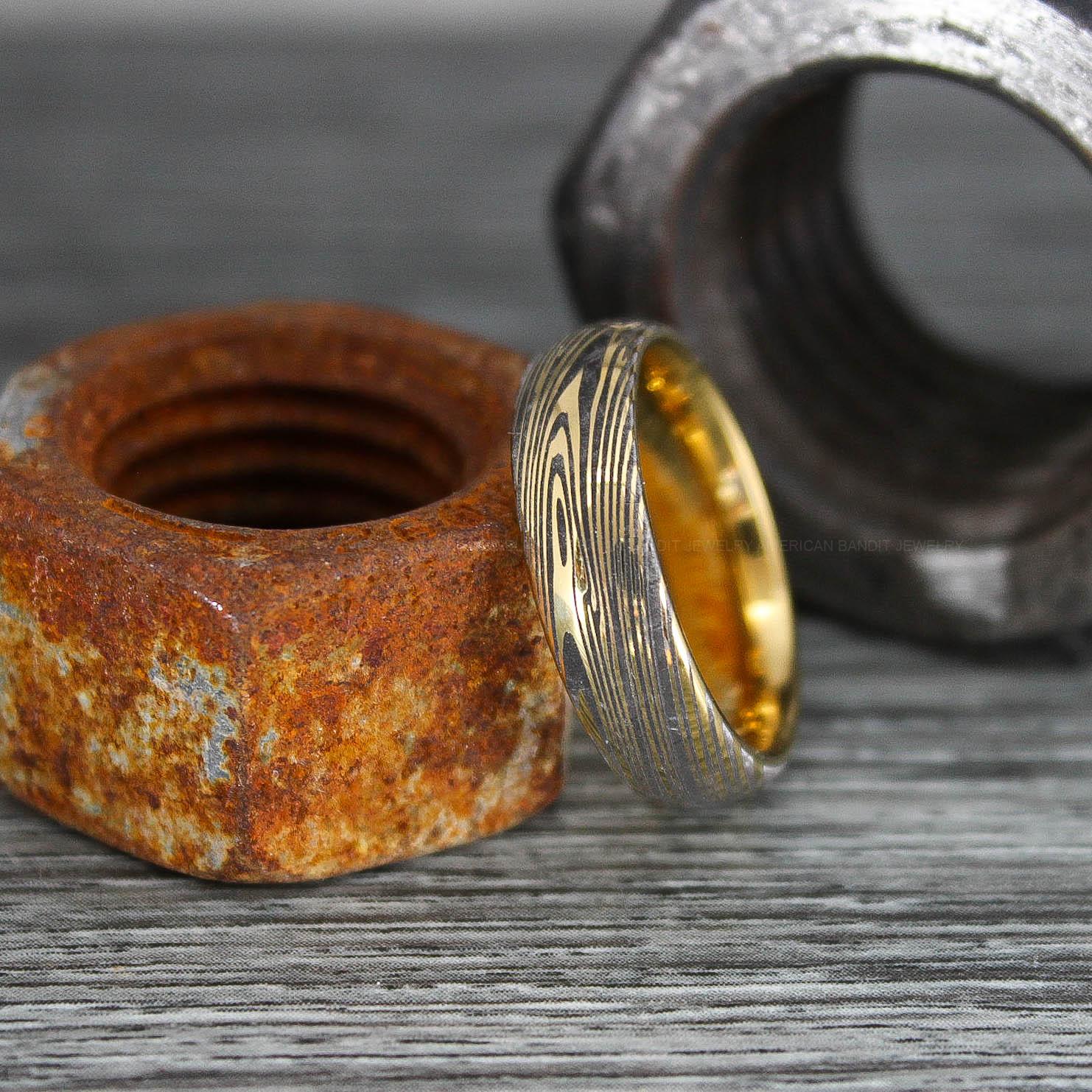 IMG_0342 Damascus Steel Ring, Damascus Steel Wedding Ring, Damascus Steel Wedding Band, Gold Wedding Ring, Gold Damascus Steel Wedding Ring - Image 1