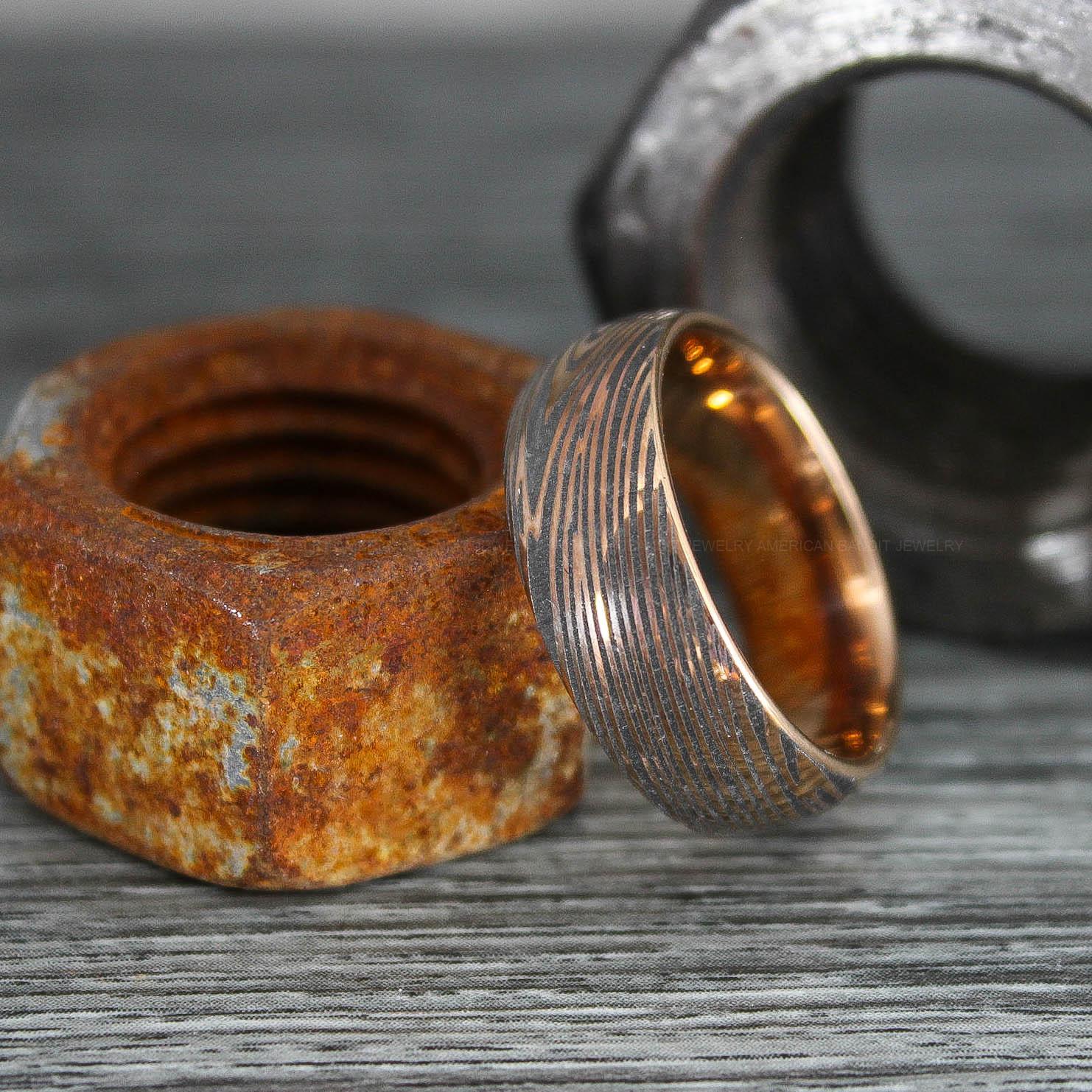 IMG_0343 Damascus Steel Ring, Damascus Steel Wedding Ring, Damascus Steel Wedding Band, Gold Wedding Ring, Gold Damascus Steel Wedding Ring - Image 1