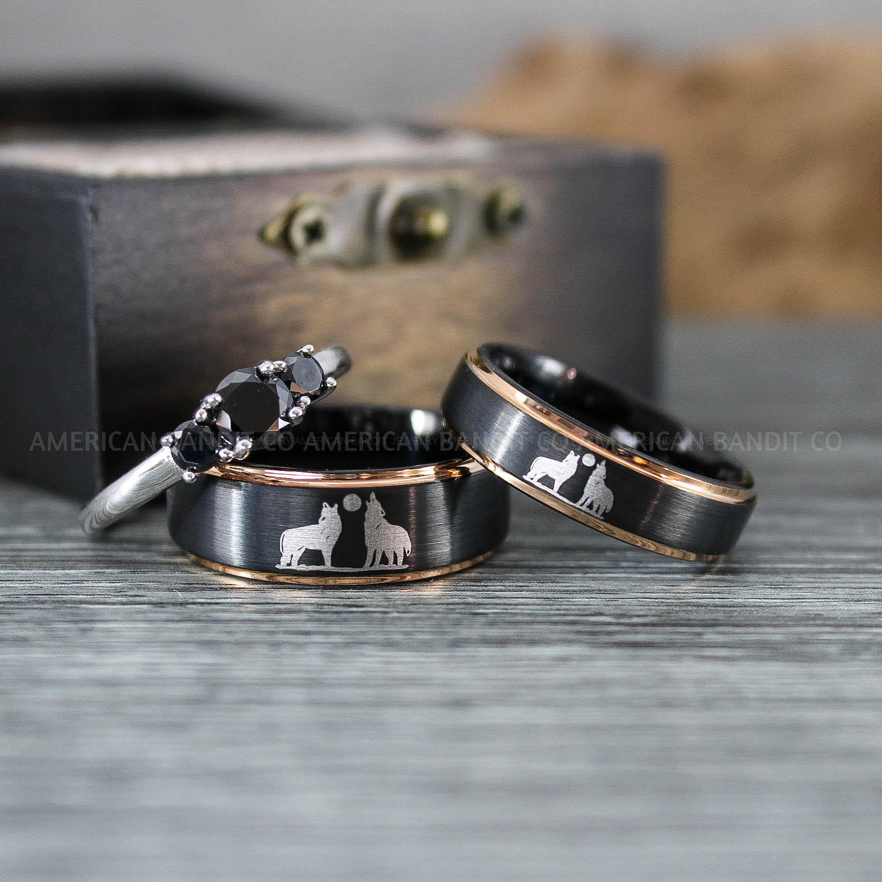 IMG_1237 Howling Wolves Ring, Wolf Ring, Couple Wedding Rings, Couple Rings, Wolves Ring, Wolf Howl Ring, Black Wedding Bands, Matching Wedding Rings - Image 1