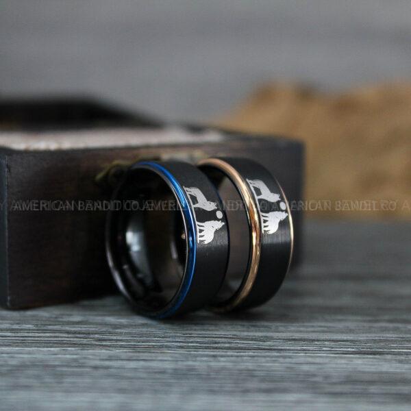 IMG_1241 Howling Wolves Ring, Wolf Ring, Black Ring, Black Tungsten Ring, Wolves Ring, Wolf Howl Ring, Black Wedding Bands