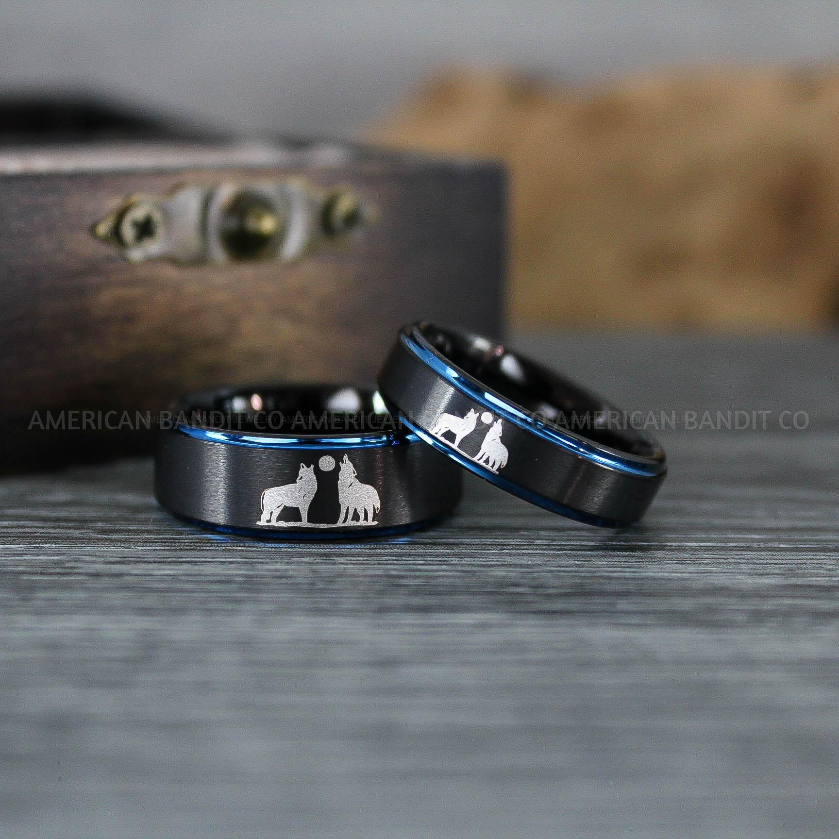 IMG_1242 Howling Wolves Ring, Wolf Ring, Couple Wedding Rings, Couple Rings, Wolves Ring, Wolf Howl Ring, Black Wedding Bands, Matching Wedding Rings - Image 1