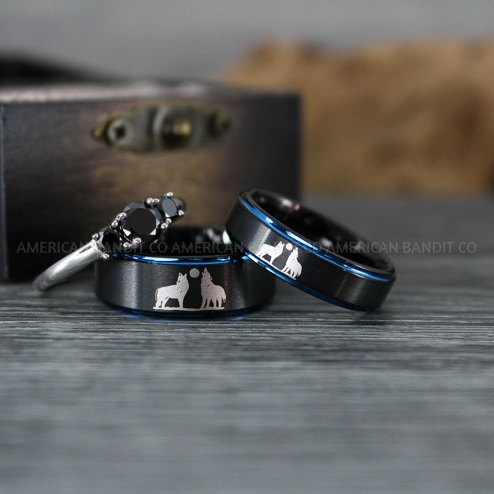 IMG_1243 Howling Wolves Ring, Wolf Ring, Couple Wedding Rings, Couple Rings, Wolves Ring, Wolf Howl Ring, Black Wedding Bands, Matching Wedding Rings - Image 1