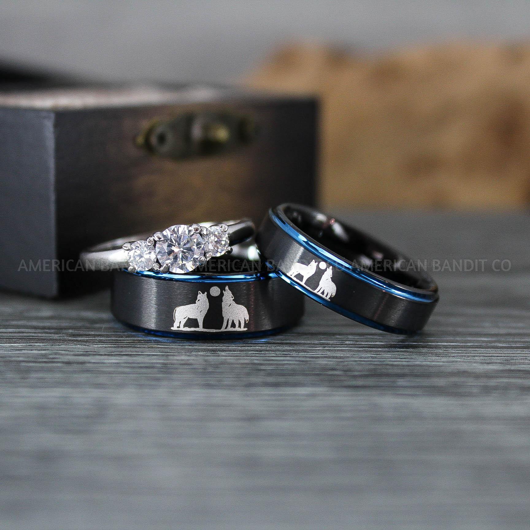 IMG_1245 Howling Wolves Ring, Wolf Ring, Couple Wedding Rings, Couple Rings, Wolves Ring, Wolf Howl Ring, Black Wedding Bands, Matching Wedding Rings - Image 1