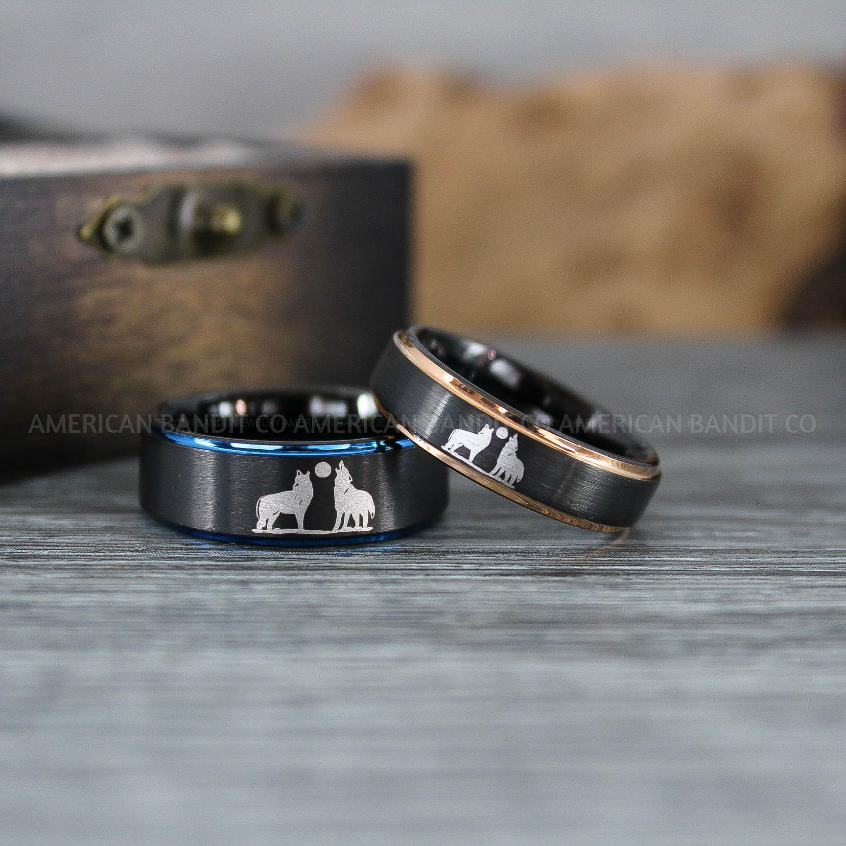 IMG_1246 Howling Wolves Ring, Wolf Ring, Couple Wedding Rings, Couple Rings, Wolves Ring, Wolf Howl Ring, Black Wedding Bands, Matching Wedding Rings - Image 1