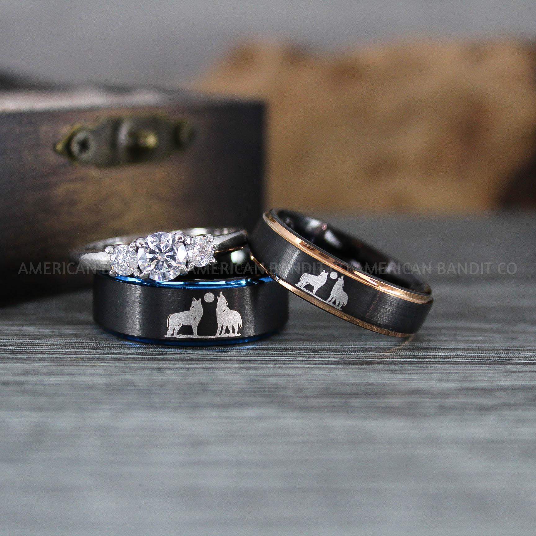 IMG_1247 Howling Wolves Ring, Wolf Ring, Couple Wedding Rings, Couple Rings, Wolves Ring, Wolf Howl Ring, Black Wedding Bands, Matching Wedding Rings - Image 1