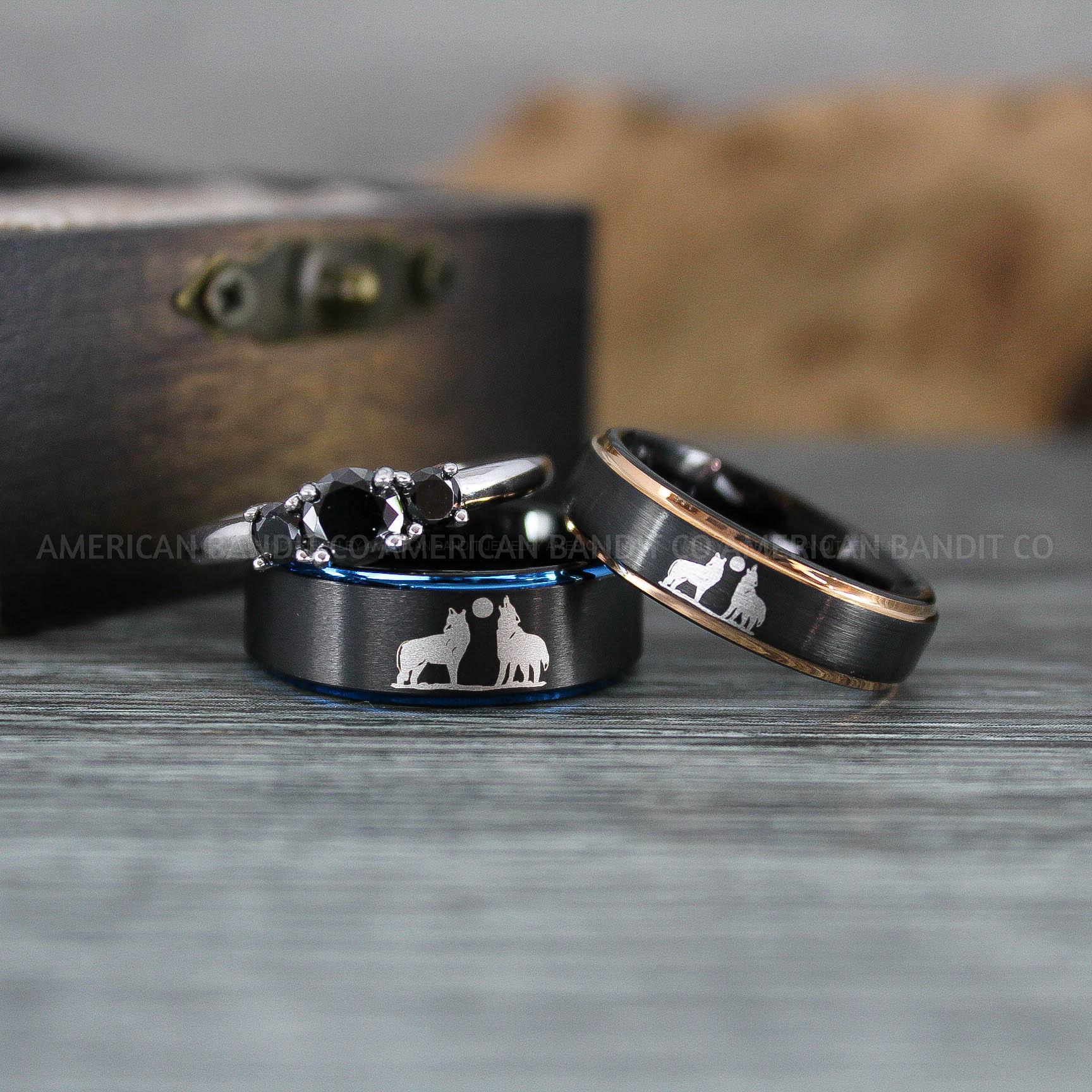 IMG_1248 Howling Wolves Ring, Wolf Ring, Couple Wedding Rings, Couple Rings, Wolves Ring, Wolf Howl Ring, Black Wedding Bands, Matching Wedding Rings - Image 1