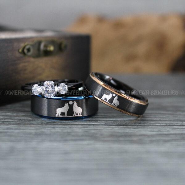 IMG_1249 Howling Wolves Ring, Wolf Ring, Couple Wedding Rings, Couple Rings, Wolves Ring, Wolf Howl Ring, Black Wedding Bands, Matching Wedding Rings