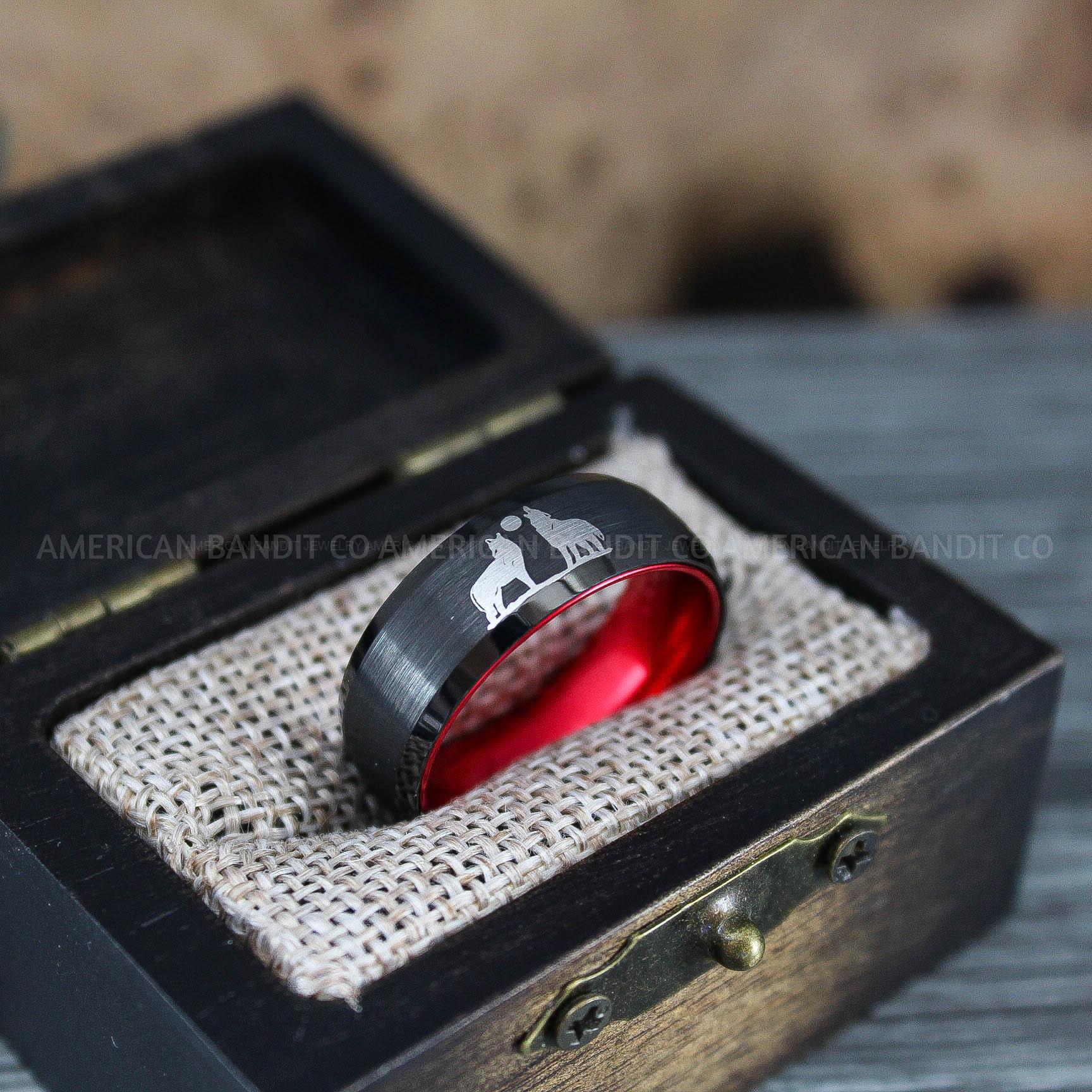 IMG_1256 Howling Wolves Ring, Wolf Ring, Black Ring, Black Tungsten Ring, Wolves Ring, Wolf Howl Ring, Black Wedding Band - Image 1