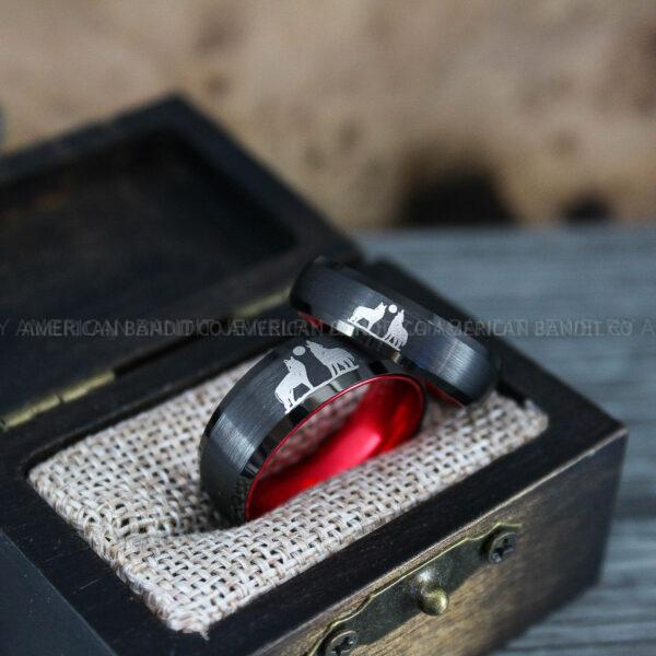 IMG_1257 Howling Wolves Ring, Wolf Ring, Black Ring, Black Tungsten Ring, Wolves Ring, Wolf Howl Ring, Black Wedding Band