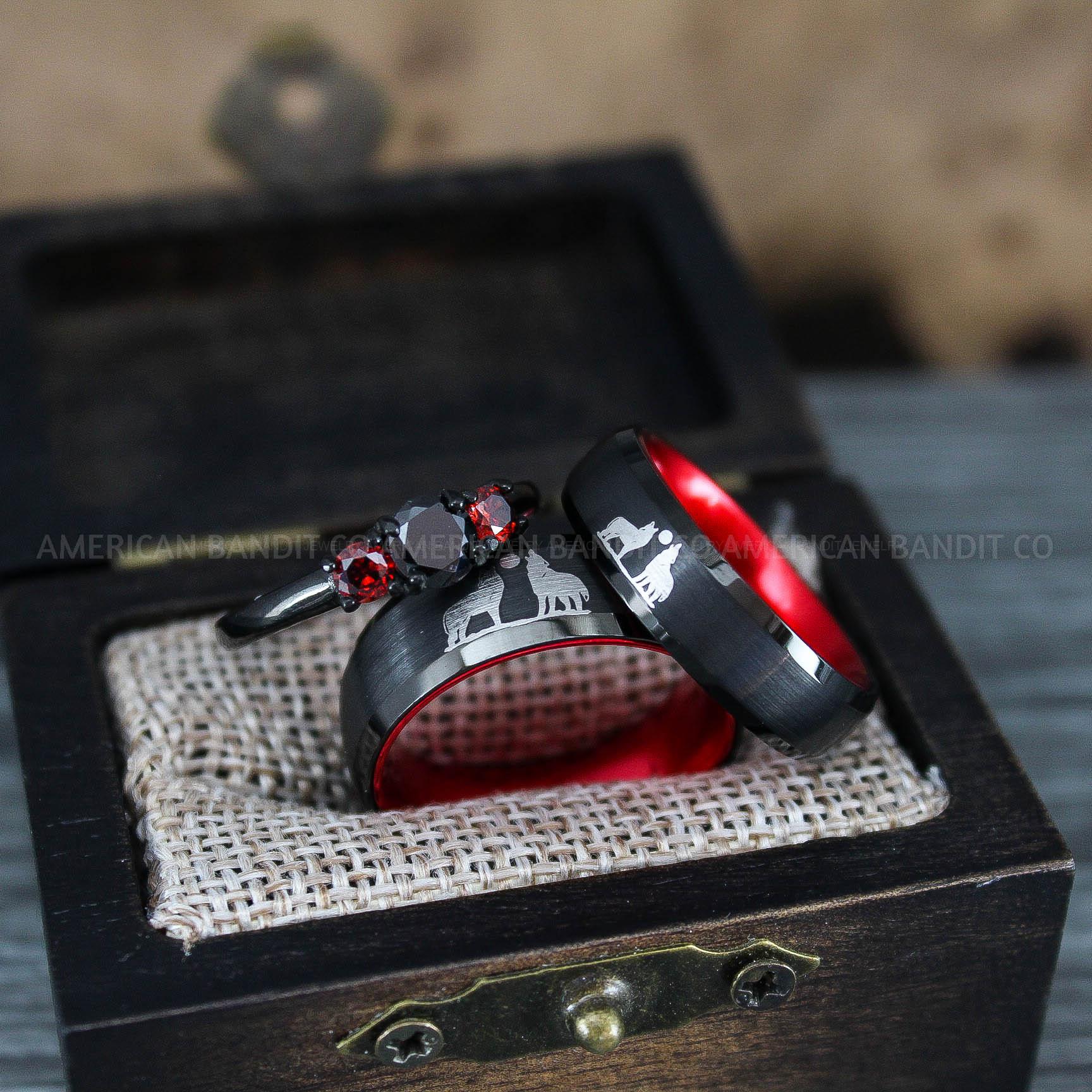 IMG_1259 Howling Wolves Ring, Wolf Ring, Couple Wedding Rings, Couple Rings, Wolves Ring, Wolf Howl Ring, Black Wedding Bands, Matching Wedding Rings - Image 1