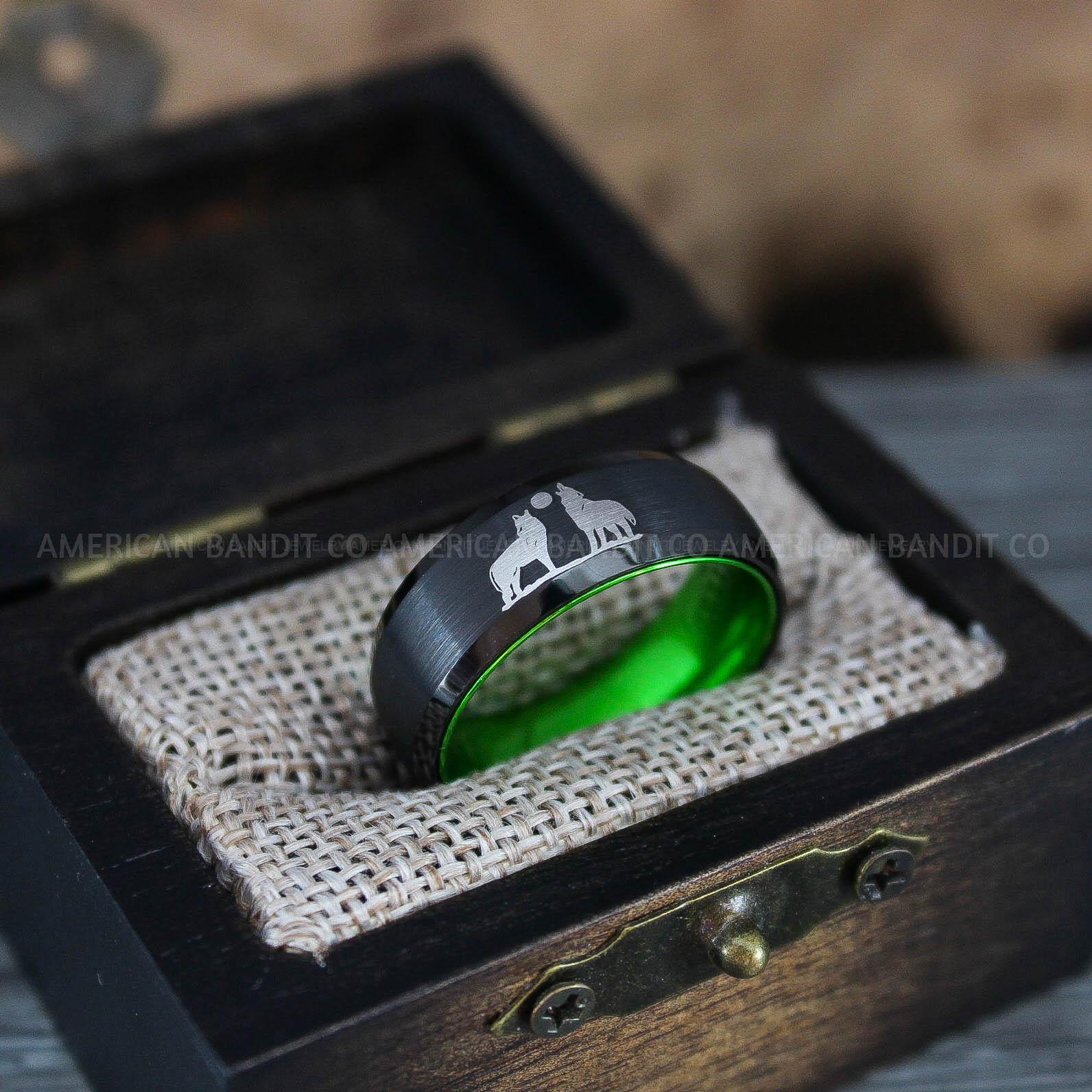 IMG_1266 Howling Wolves Ring, Wolf Ring, Black Ring, Black Tungsten Ring, Wolves Ring, Wolf Howl Ring, Black Wedding Band - Image 1