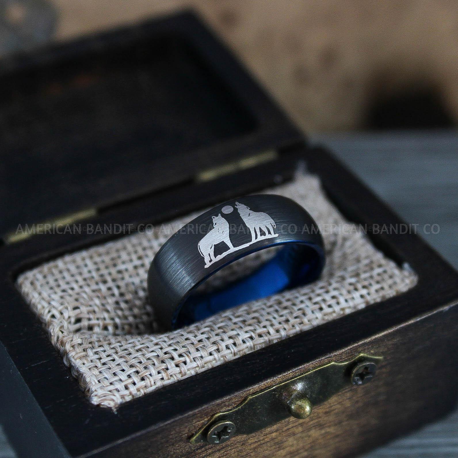 IMG_1269 Howling Wolves Ring, Wolf Ring, Black Ring, Black Tungsten Ring, Wolves Ring, Wolf Howl Ring, Black Wedding Band - Image 1