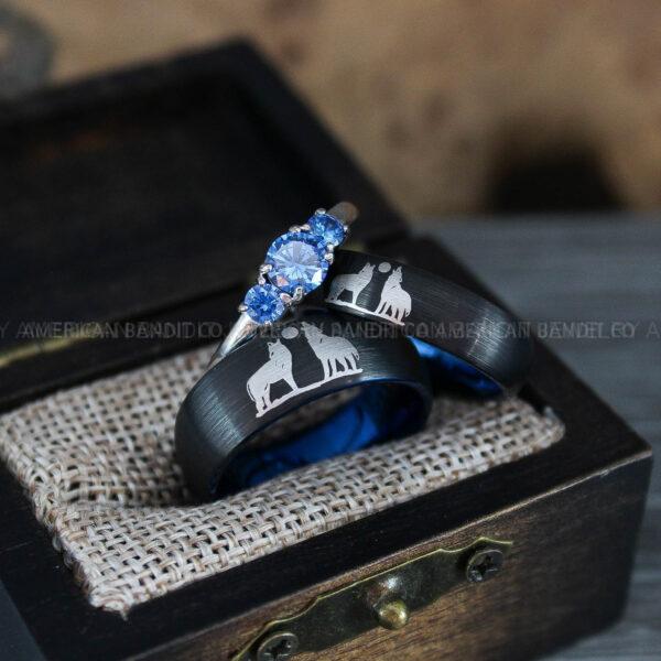 IMG_1271 Howling Wolves Ring, Wolf Ring, Couple Wedding Rings, Couple Rings, Wolves Ring, Wolf Howl Ring, Black Wedding Bands, Matching Wedding Rings