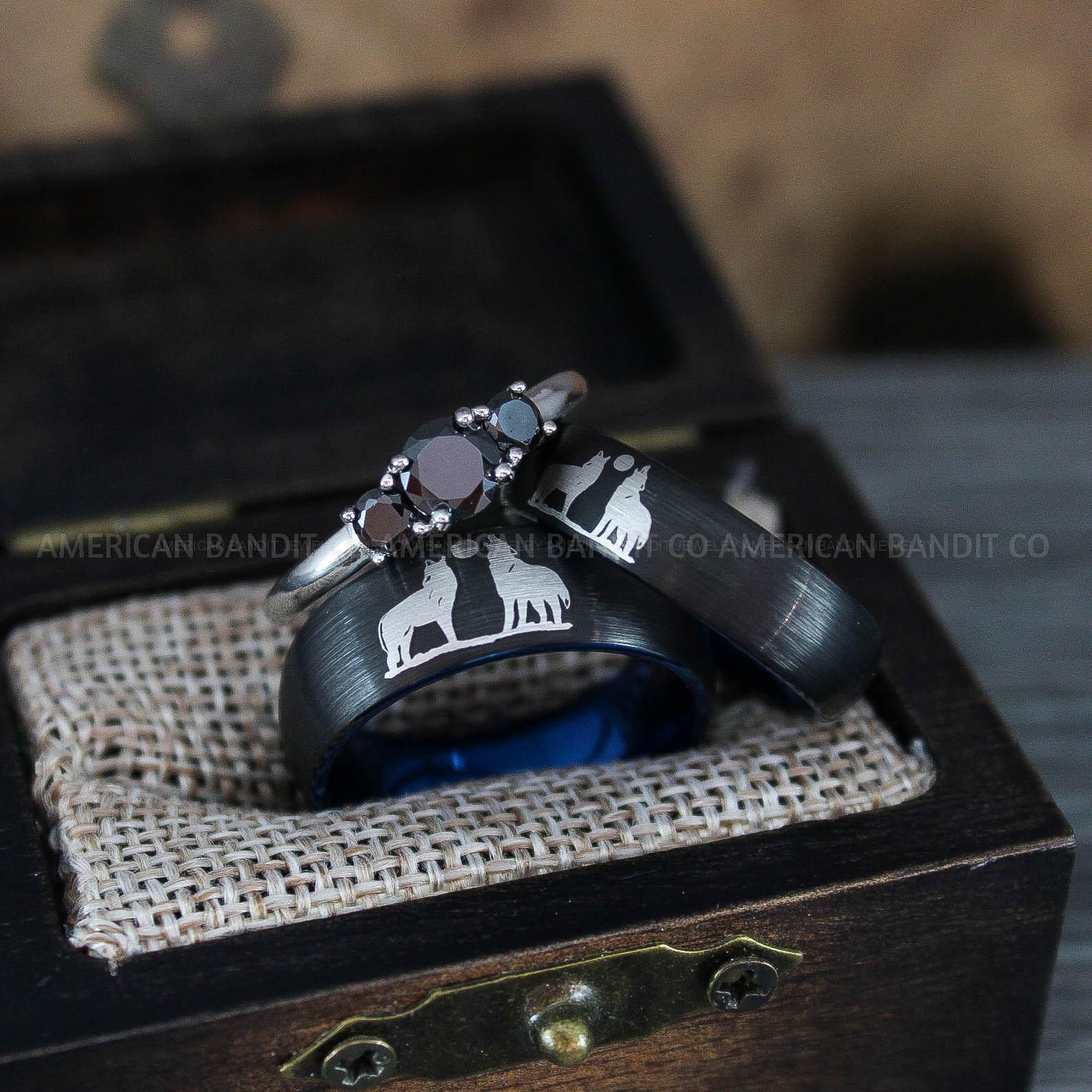 IMG_1272 Howling Wolves Ring, Wolf Ring, Couple Wedding Rings, Couple Rings, Wolves Ring, Wolf Howl Ring, Black Wedding Bands, Matching Wedding Rings - Image 1