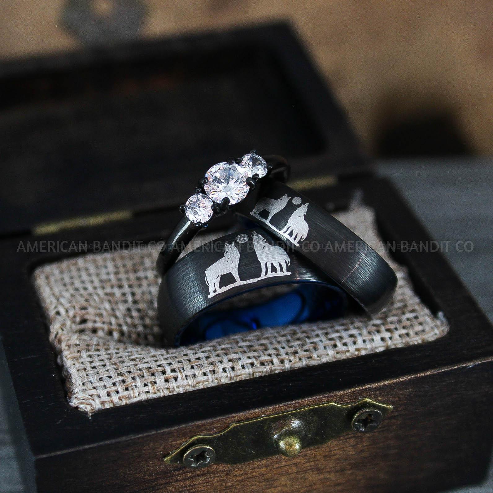 IMG_1273 Howling Wolves Ring, Wolf Ring, Couple Wedding Rings, Couple Rings, Wolves Ring, Wolf Howl Ring, Black Wedding Bands, Matching Wedding Rings - Image 1