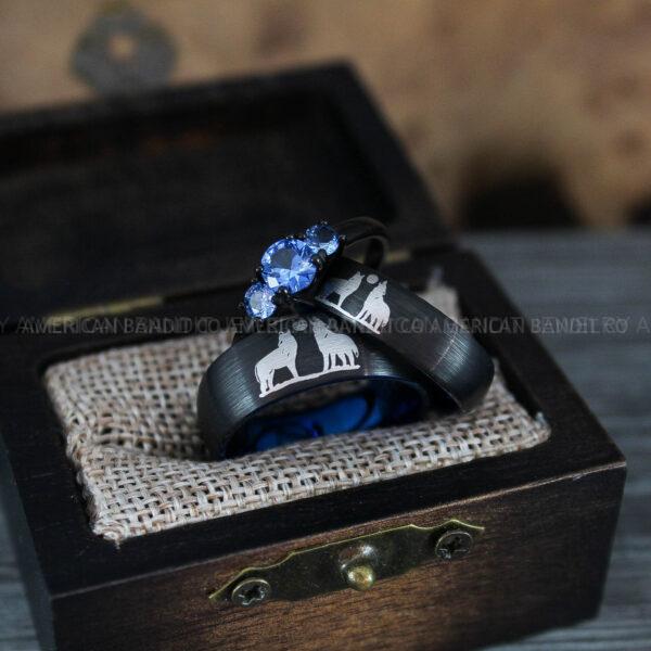 IMG_1274 Howling Wolves Ring, Wolf Ring, Couple Wedding Rings, Couple Rings, Wolves Ring, Wolf Howl Ring, Black Wedding Bands, Matching Wedding Rings