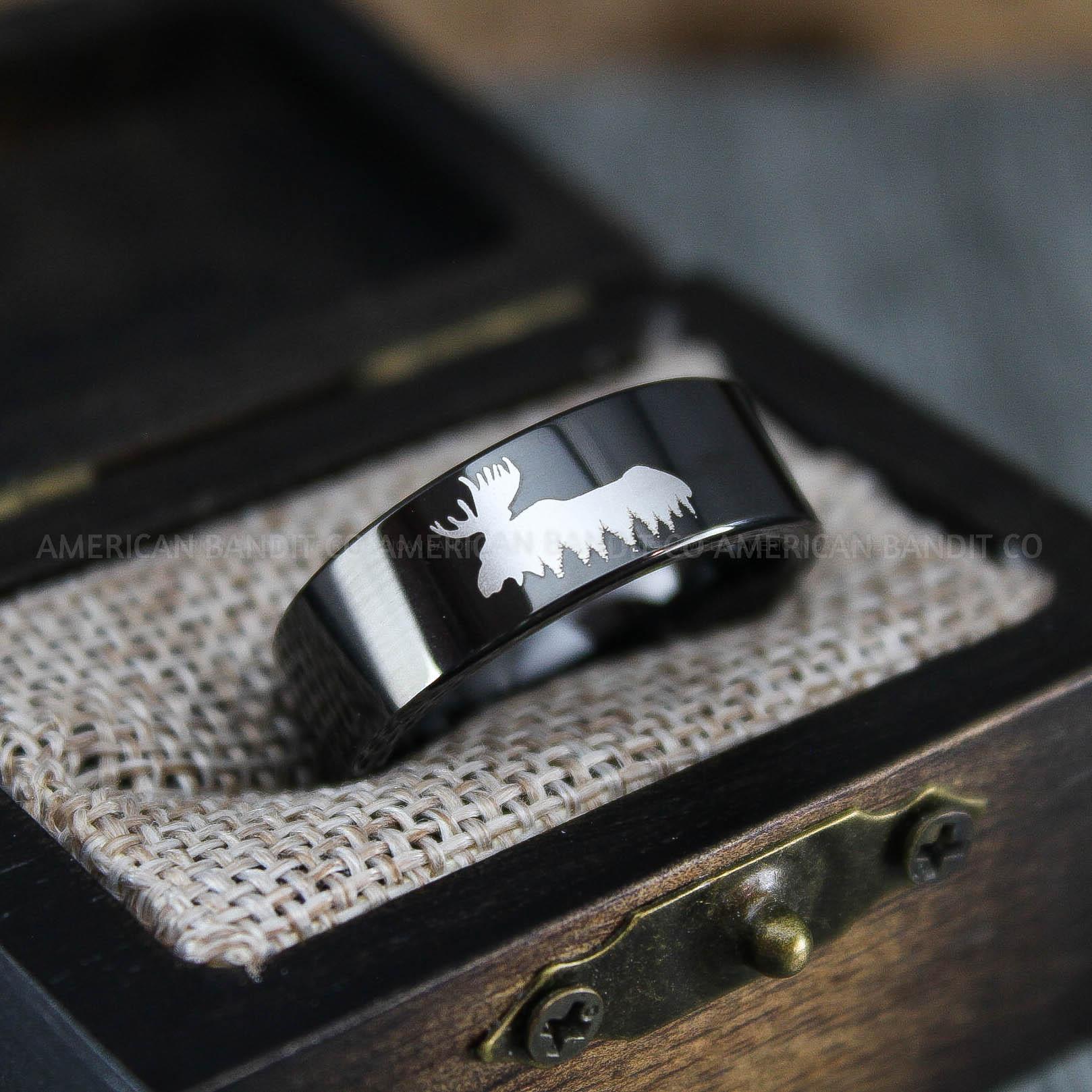 IMG_1391 Moose Hunting Ring, Moose Tracks Wedding, Moose Hunting Jewelry, Black Tungsten Ring, Black Wedding Band, Hunting Jewelry, Moose Tracks Wedding Ring - Image 1
