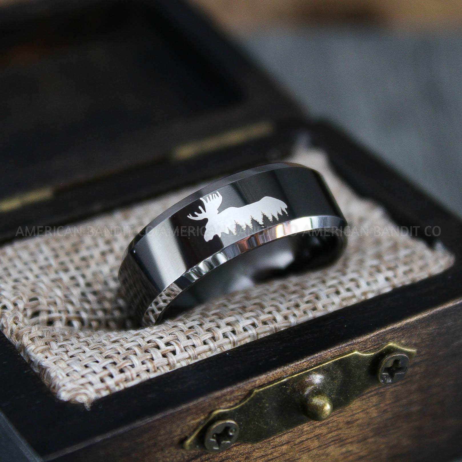 IMG_1393 Moose Hunting Ring, Moose Tracks Wedding, Moose Hunting Jewelry, Black Tungsten Ring, Black Wedding Band, Hunting Jewelry, Moose Tracks Wedding Ring - Image 1
