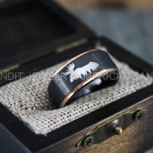 Moose Hunting Ring, Moose Tracks Wedding, Moose Hunting Jewelry, Black Tungsten Ring, Black Wedding Band, Hunting Jewelry, Moose Tracks Wedding Ring