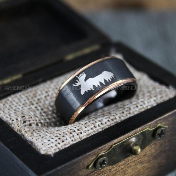 Moose Hunting Ring, Moose Tracks Wedding, Moose Hunting Jewelry, Black Tungsten Ring, Black Wedding Band, Hunting Jewelry, Moose Tracks Wedding Ring
