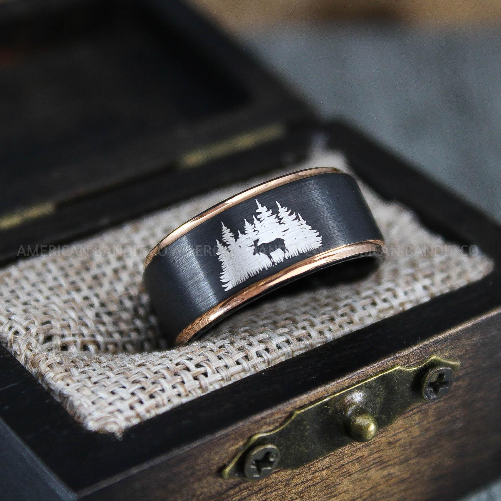 IMG_1395 Moose Hunting Ring, Moose Tracks Wedding, Moose Hunting Jewelry, Black Tungsten Ring, Black Wedding Band, Hunting Jewelry, Moose Tracks Wedding Ring - Image 1