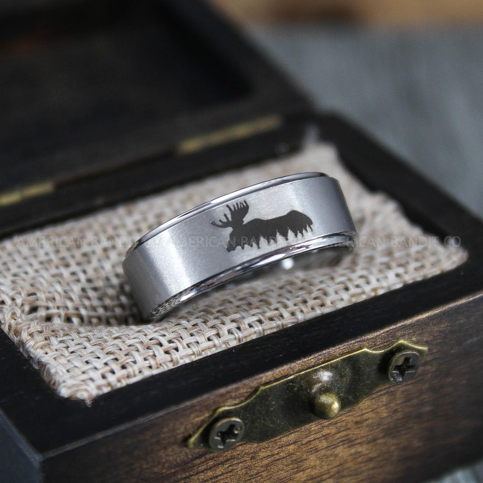 IMG_1398 Moose Hunting Ring, Moose Tracks Wedding, Moose Hunting Jewelry, Silver Tungsten Ring, Silver Wedding Band, Hunting Jewelry, Moose Tracks Wedding Ring - Image 1