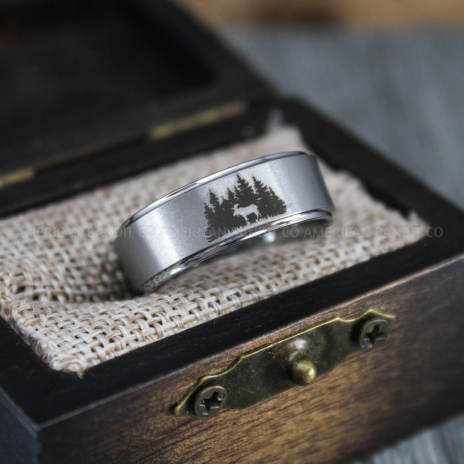 IMG_1399 Moose Hunting Ring, Moose Tracks Wedding, Moose Hunting Jewelry, Silver Tungsten Ring, Silver Wedding Band, Hunting Jewelry, Moose Tracks Wedding Ring - Image 1
